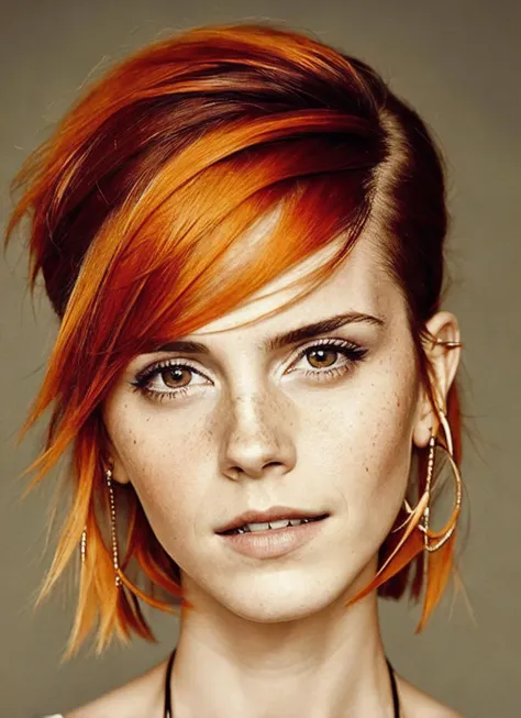 portrait of sks woman by Flora Borsi, style by Flora Borsi, bold, bright colours, orange Mohawk haircut, ((Flora Borsi)), <lora:locon_emmawatson_v1_from_v1_64_32:1.25>