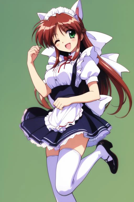 <lora:Hinomori_Azusa:0.8>,  HinomoriAzusa, 1girl, solo, thighhighs, one eye closed, green eyes, ribbon, open mouth, white thighhighs, maid, very long hair, short sleeves, simple background, smile, ;d, bow, maid headdress, apron, dress, shoes
cafe, restaura...