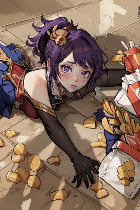 anime girl laying on the floor with french fries and a bag of chips