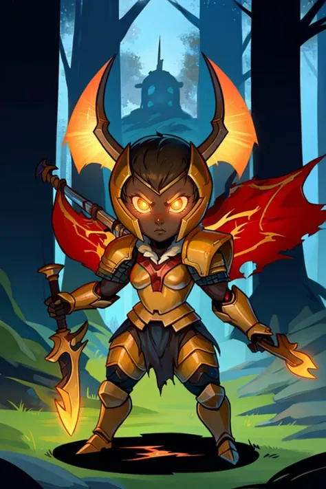 <lora:DotA_LegionCommander-DEF:0.8> lcommander, solo, dark skin, full body, damaged armor, dual wield, short hair, damaged armor, glowing eyes, forest, chibi style