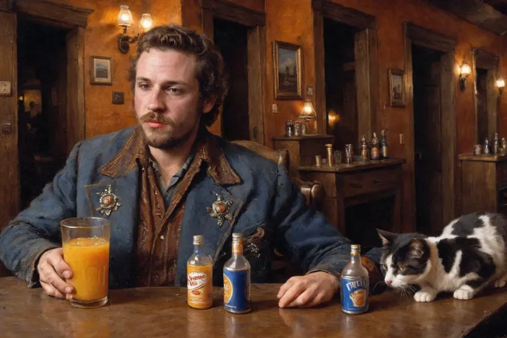 there is a man sitting at a table with a cat and a glass of orange juice