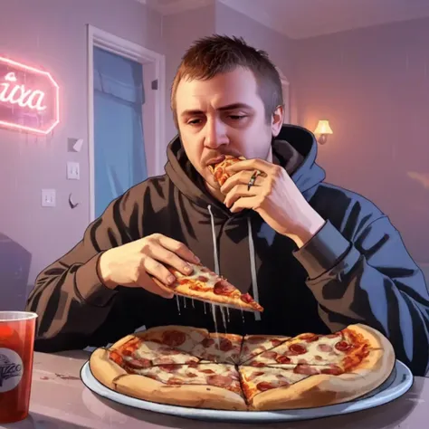 there is a man eating a slice of pizza at a table