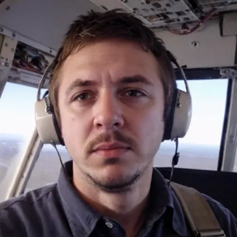 arafed man in a helicopter with headphones on looking at the camera