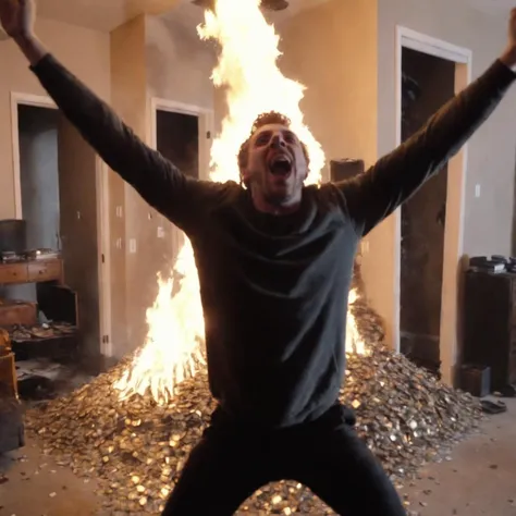 arafed man in a black shirt is standing in front of a fire