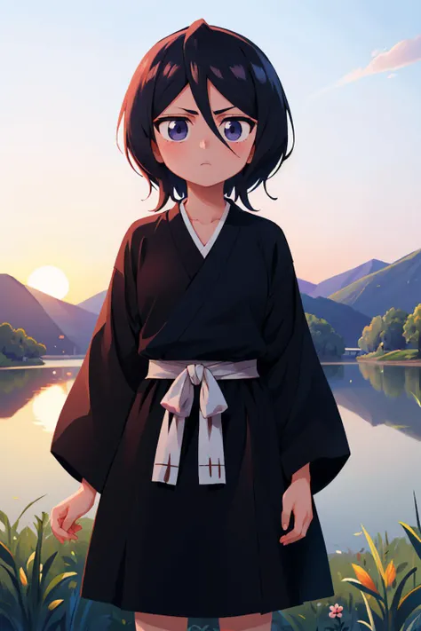 (masterpiece, best quality:1.2), solo, 1girl, kuchikirukia, expressionless, looking at viewer, black robes, sash, outdoors, sunset <lora:rukia-nvwls-v1:1>