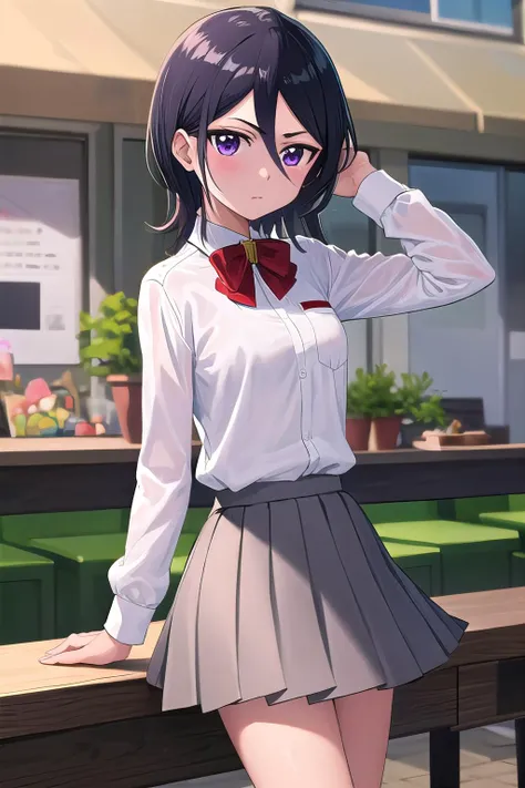 masterpiece, best quality, ultra-high-detailed, 1girl, kuchikirukia, bowtie, white shirt, grey skirt