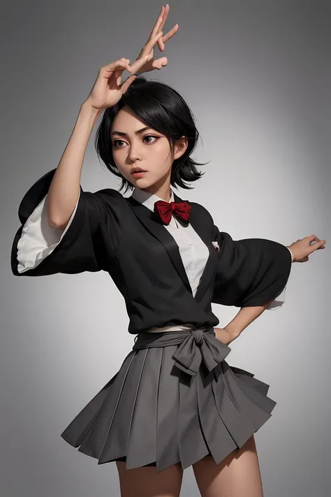 (masterpiece, best quality), 1girl,  <lora:rukia-nvwls-v1:1> kuchikirukia, black robes, sash, bowtie, grey blazer, grey skirt, bowtie, white shirt, grey skirt