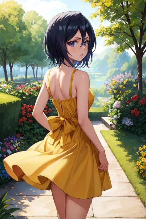 masterpiece, best quality, <lora:rukia-nvwls-v1-000010:1> kuchikirukia, yellow sundress, from behind, garden, looking at viewer