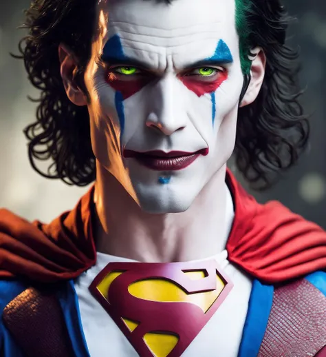 realistic portrait of superman mix joker, superman costume  pdalns style