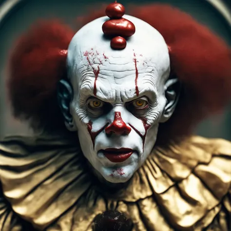 photo realistic portrait of a scary pennywise as a pdalns , sad  face, intricate details, blood, surrounded by blood