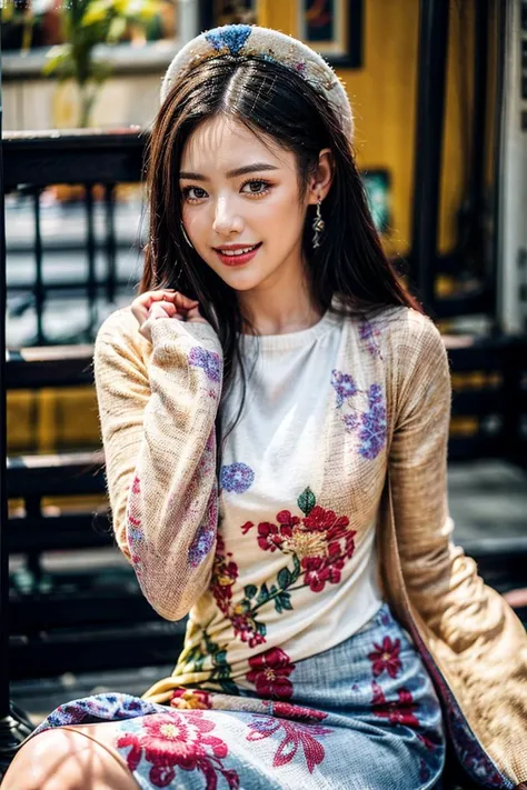 a woman sitting on a step with a flowered sweater and skirt