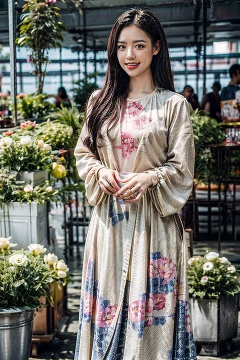 a woman standing in front of a flower shop wearing a long dress