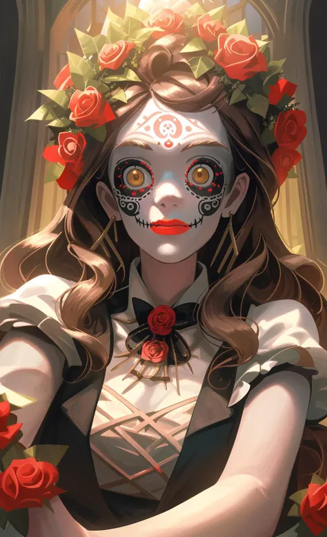 upper body portrait shot, a pretty cute woman with curly long hair, joy emotion, looking at viewer,makeup Dia de los Muertos dynamic pose, action packed,posing in luxury castle, wreath of roses ,pzhgmstyl, <lora:Panyzhalgamingstyle-000100:0.7>