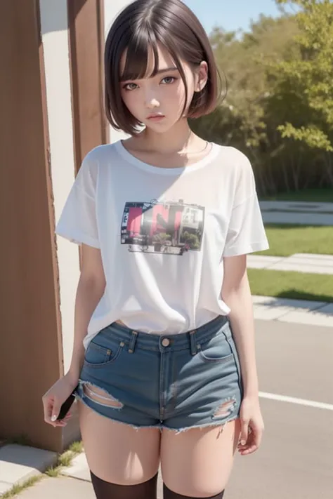 a woman with short hair and a white shirt is standing on the street