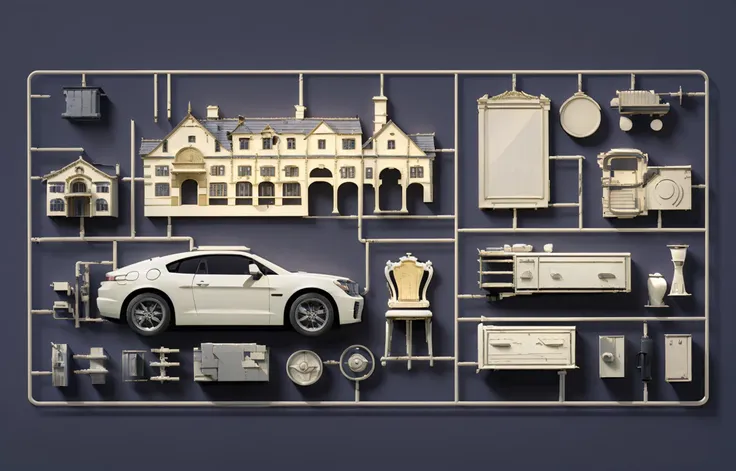 a close up of a car in a display with a lot of objects