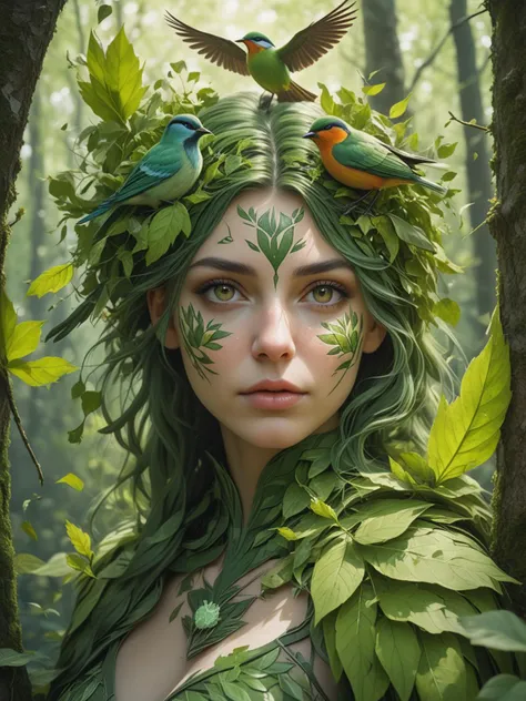 adult girl Ostara dressed in leaves with forest birds, Spring, green fibers coming from ground to Ostara, detailed portrait, 35mm photography, score_9, edgy street art, 35mm photo, cinematic light, complementary colors, , by Peter Mohrbacher