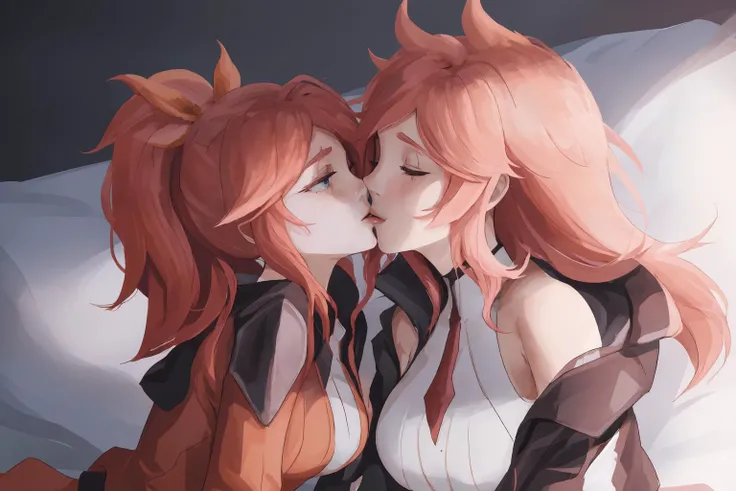 ((2girls kissing on bed, lying each other)), (portrait:1.0), 
AND ((2girls kissing on bed, lying on each other)), (hands on breasts:1.4) looking at each other, (portrait:1.0), battle academia lux, orange shirt,  league of legends, blue eyes, breasts, long ...