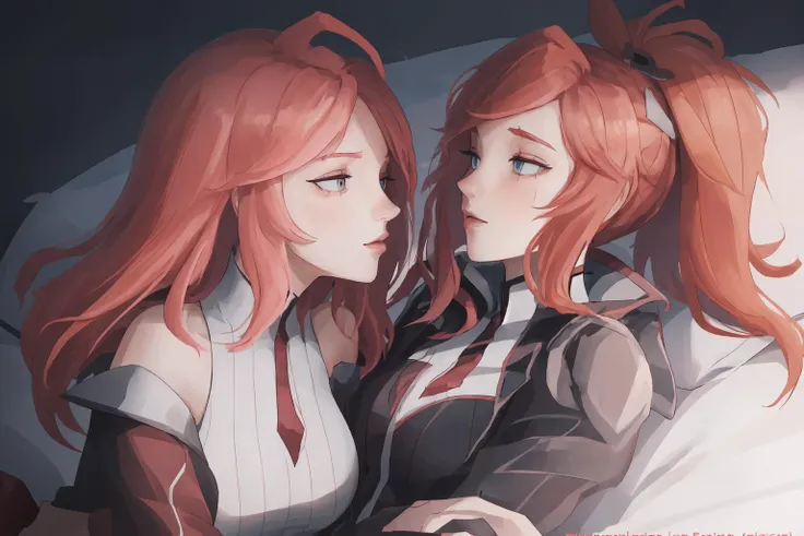 anime - style image of two women in bed with red hair