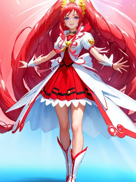 masterpiece, best quality, looking at viewer, depth of field, standing, full_body,
1girl, <lora:locon_cure_ace_02:0.95>, cure ace, hair ribbon, red skirt, white jacket, wrist cuffs, heart brooch, kee boots, high ponytail, 
smile, ((gradient background)), l...