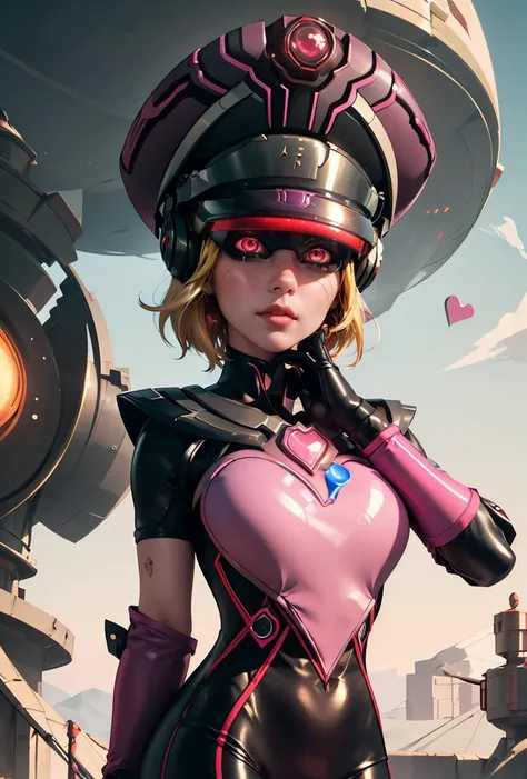 (masterpiece, best quality), 1girl,     <lora:Immorta:0.8> Immorta, 1girl, solo, short hair, blonde hair, gloves, hat, heart, bodysuit, colored skin, purple skin, pink skin, helmet, head-mounted display