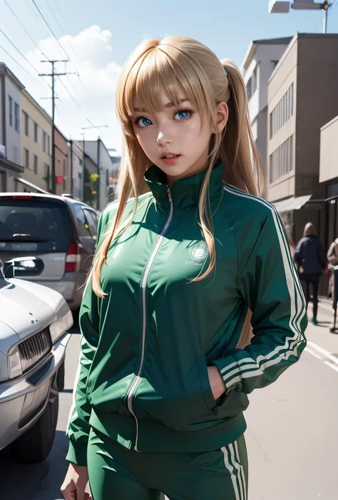 arafed woman in green tracksuit standing on street next to cars