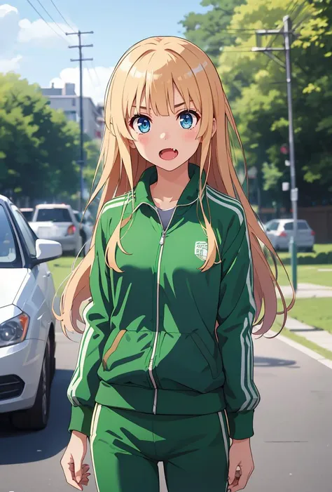 a woman in a green track suit standing on a street