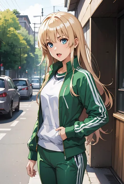 anime girl in green tracksuit standing on the street