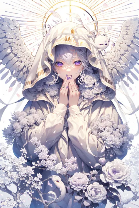 (masterpiece:1.2),best quality,PIXIV,White hell,
1girl, solo, flower, snake, purple eyes, white flower, looking at viewer, white hair, upper body, petals, white background, long sleeves, white snake, white theme, hair between eyes, covering mouth, nail pol...