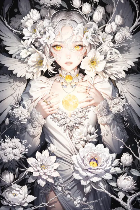 -1girl, flower, solo, yellow eyes, looking at viewer, white hair, white flower, parted lips, dress, jewelry, moon, ring, long hair, bangs, long sleeves, necklace, crescent, glowing, white dress, lying, hair flower, planet, hair between eyes, hands up,White...