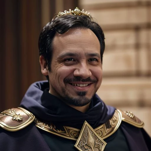 a close up of a man in a costume with a crown on his head