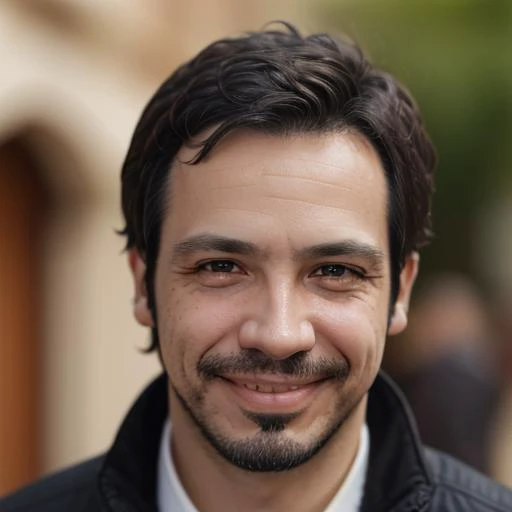 arafed man with a beard and a black jacket smiling