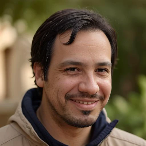 smiling man with a beard and a jacket on in front of a building