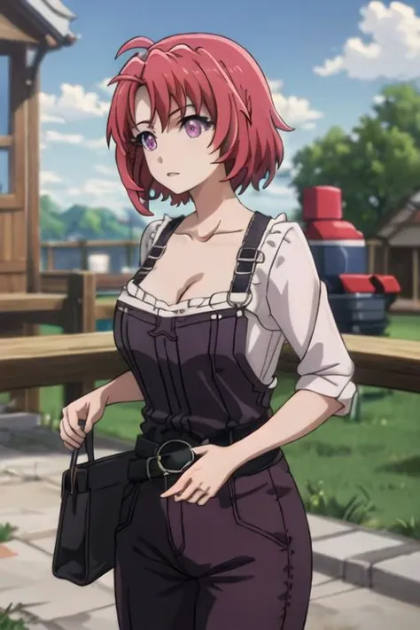 best quality, masterpiece, highres, solo, {cow_girl_goblinslayer:1.15}, short_hair, red_hair, pink_eyes, purple_eyes, collarbone, breasts