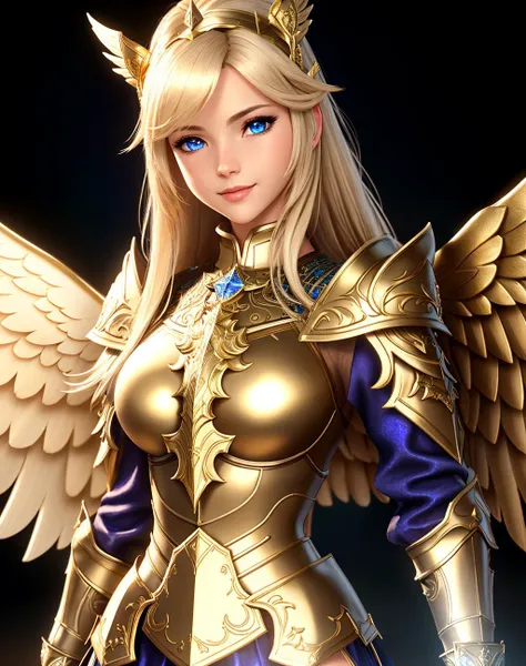 a woman in a gold armor with wings and a blue dress