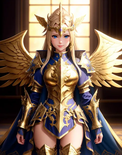 a woman in a blue and gold outfit with wings