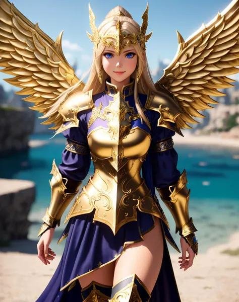 a woman in a gold and blue outfit with wings on her head