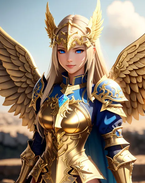 a close up of a woman in a gold and blue outfit