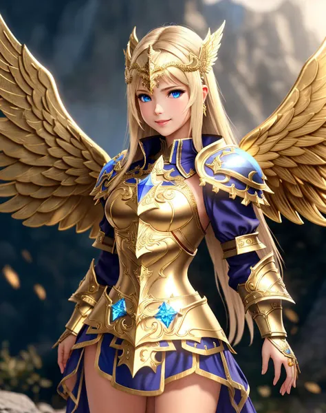 a woman in a gold and blue outfit with wings