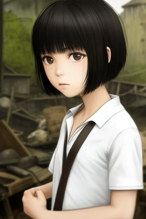 1girl, arms_at_sides, bangs, black_hair, bob_cut, brown_eyes, closed_mouth, expressionless, looking_at_viewer, open_clothes, realistic, shirt, short_hair, solo, upper_body outdoors, slums, apocalypse