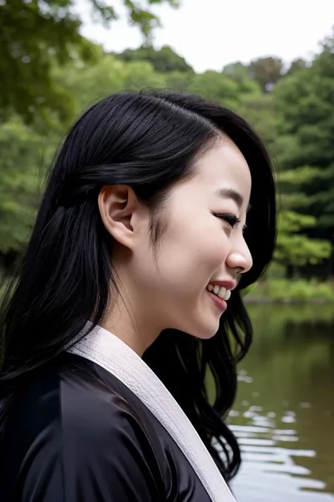 arafed asian woman in a black and white kimono smiling