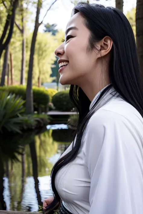 there is a woman that is standing by a pond smiling