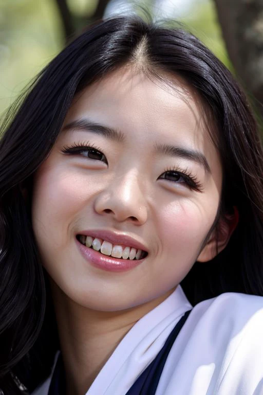 arafed asian woman with long black hair smiling and wearing a white shirt