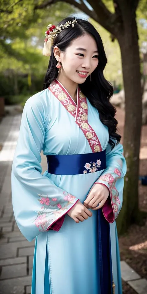 a woman in a blue dress standing on a sidewalk