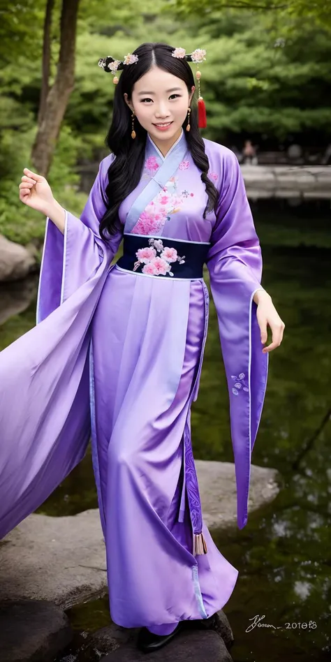 a woman in a purple dress is standing on a rock