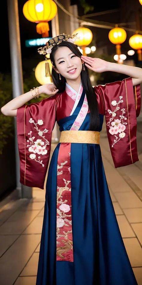 a woman in a blue and red dress posing for a picture