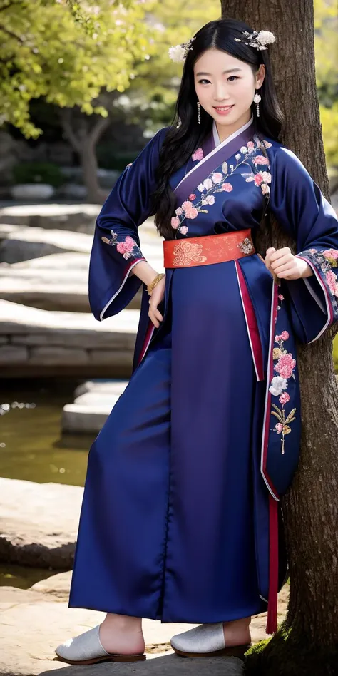 a woman in a blue and red kimono standing next to a tree