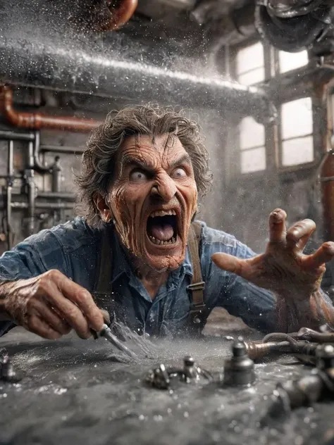 arafed man in a factory with a hammer and a sprinkle of water