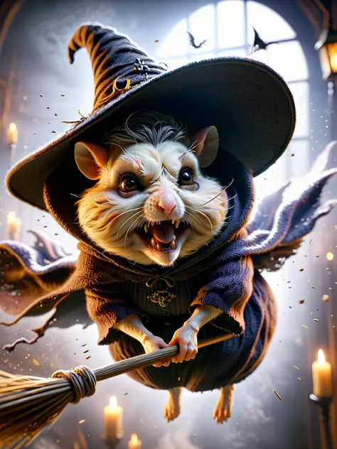 ral-wtchz, a chubby hamster transformed into a tiny witch, struggling to balance on a broomstick mid-air, with oversized hat and cloak flapping wildly <lora:ral-wtchz:0.85> <lora:EnvyBetterHiresFixXL01:0:hr=1>.