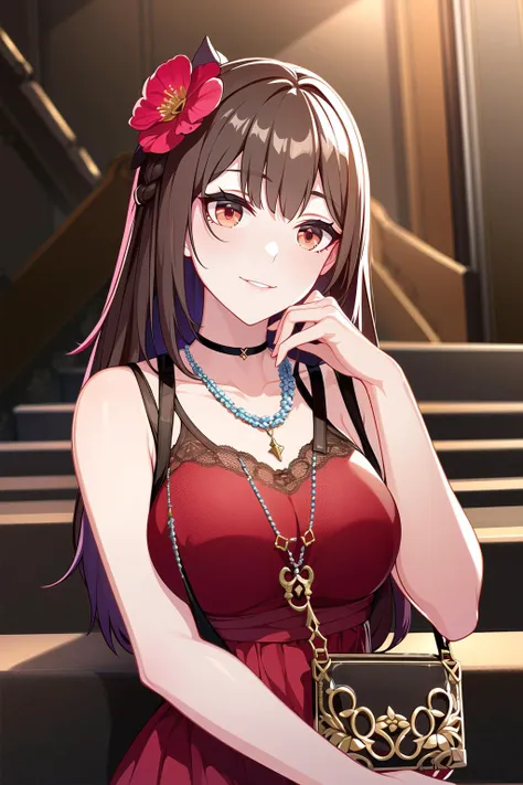 (perfect body),(fine and beautiful detailed skin:1.1),(shiny skin:1.1),(Oil highlights:1.1),(seductive), high-key and low-variance brightness scale,soft light,light and dark interlaced,
1girl, solo, black hair, flower, long hair, smile, bag, handbag, neckl...