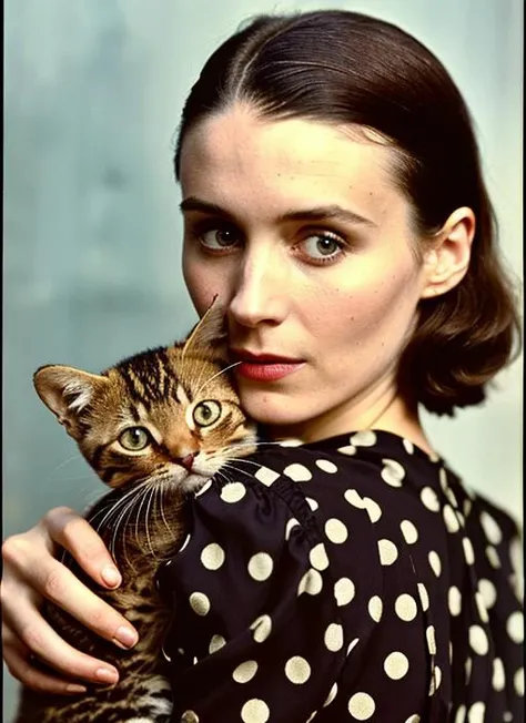 A stunning intricate color close up portrait of (sks woman:1) , wearing Polka dot dress and kitten heels, epic character composition, sharp focus, natural lighting, subsurface scattering, f2, 35mm, film grain, , by Gerda Taro, <lora:locon_rooneymara_v1_fro...